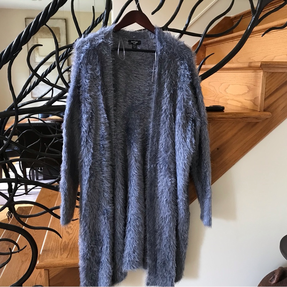 Lord &Taylor Blue Solid Color V-Neck  Fuzzy Long Sleeve Sweater